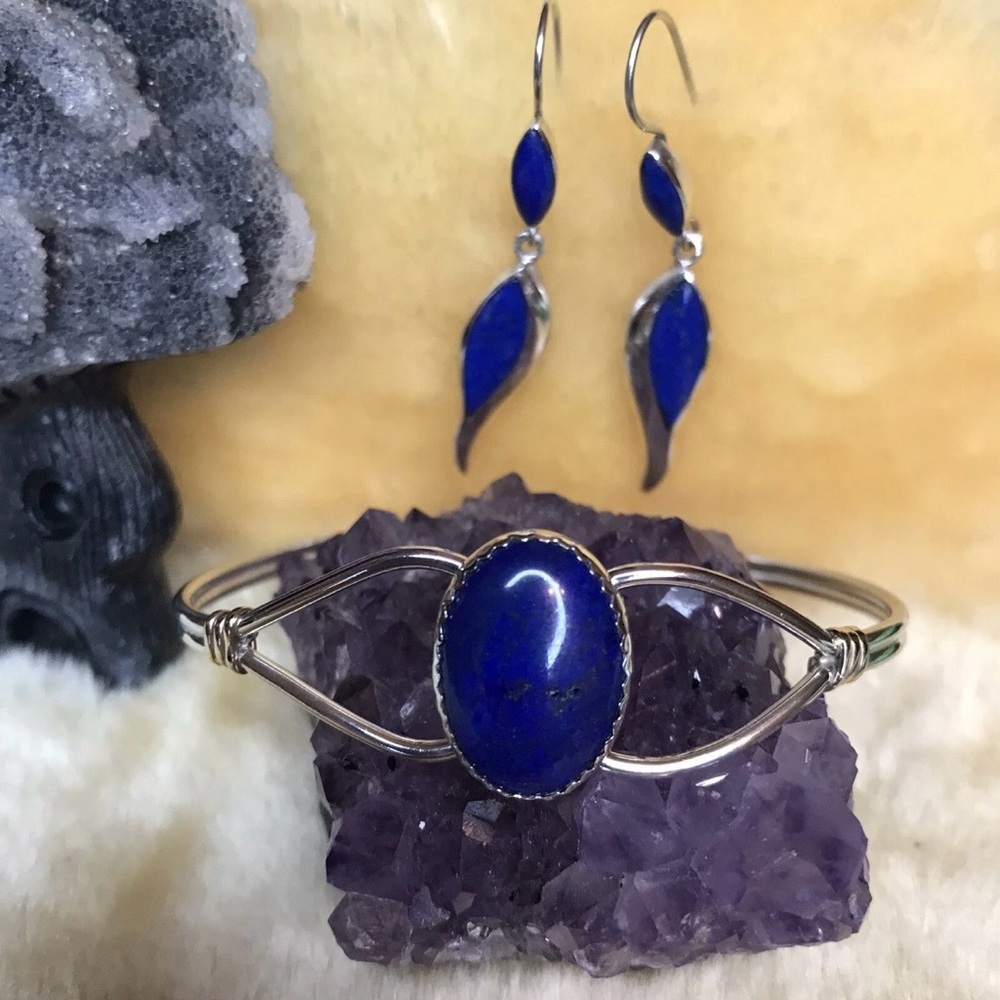 Sterling 925 Lapis Lazuli Jewelry Set – Cuff Bracelet + Dangle Earrings
